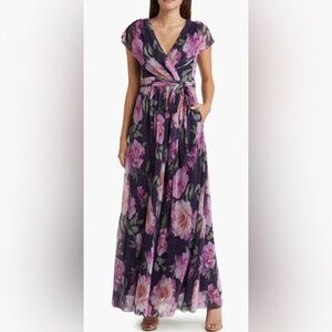 Floral Flowy Tie Waist Formal Maxi Dress Eliza J NEW